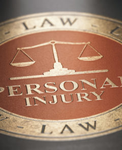 Personal injury written with golden letters over red and black background. Law concept. 3D illustration.